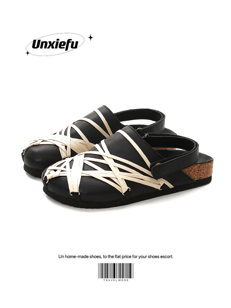 

UNZIZHI RO 25SS k Sle Mummy Binding Sandals Men Women Slippers Casual Comfortable Leather Slip-On oes Flat Heel Rubber...