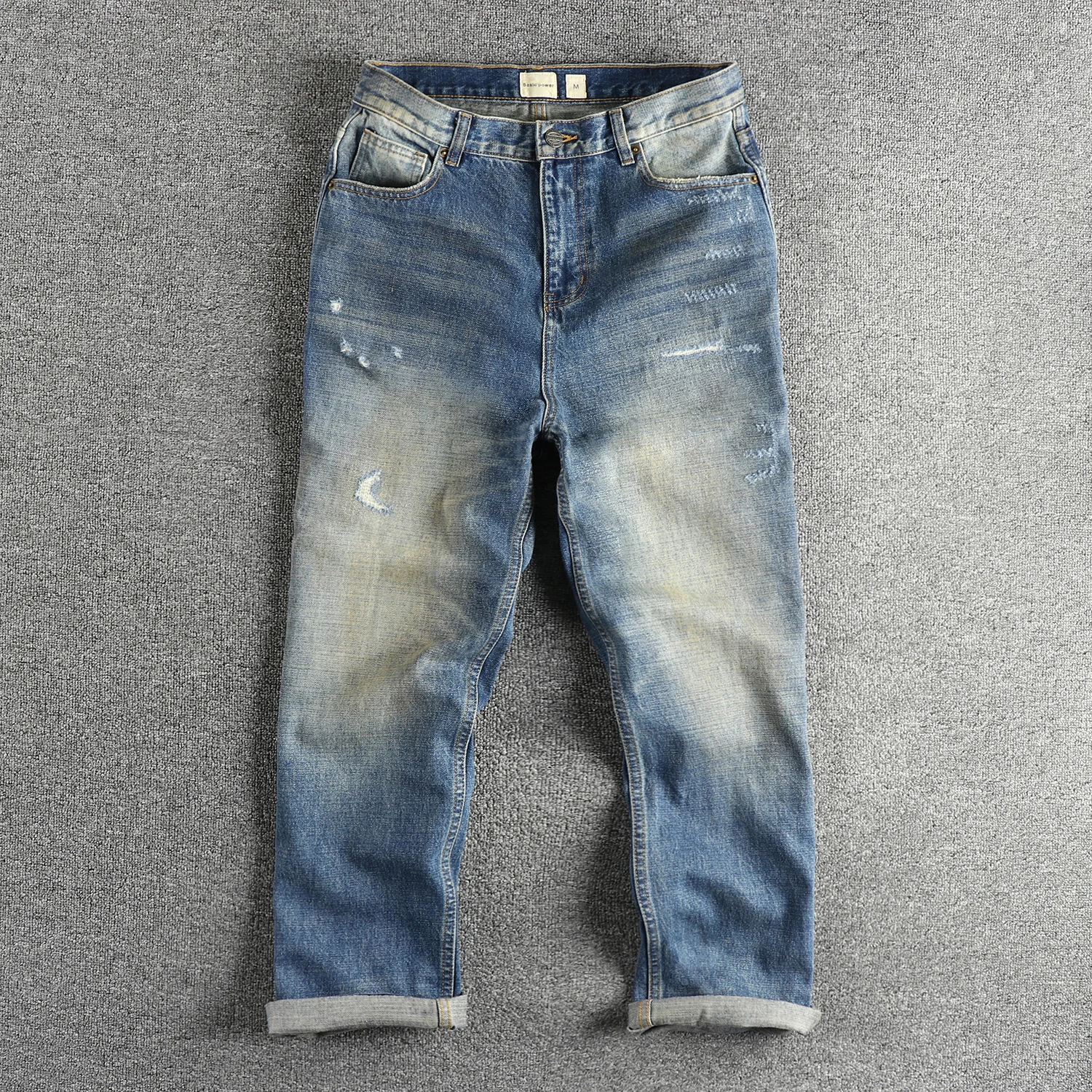 Heavy vintage blue water wash to do old worn patch cat beard men's jeans autumn winter loose straight youth pants