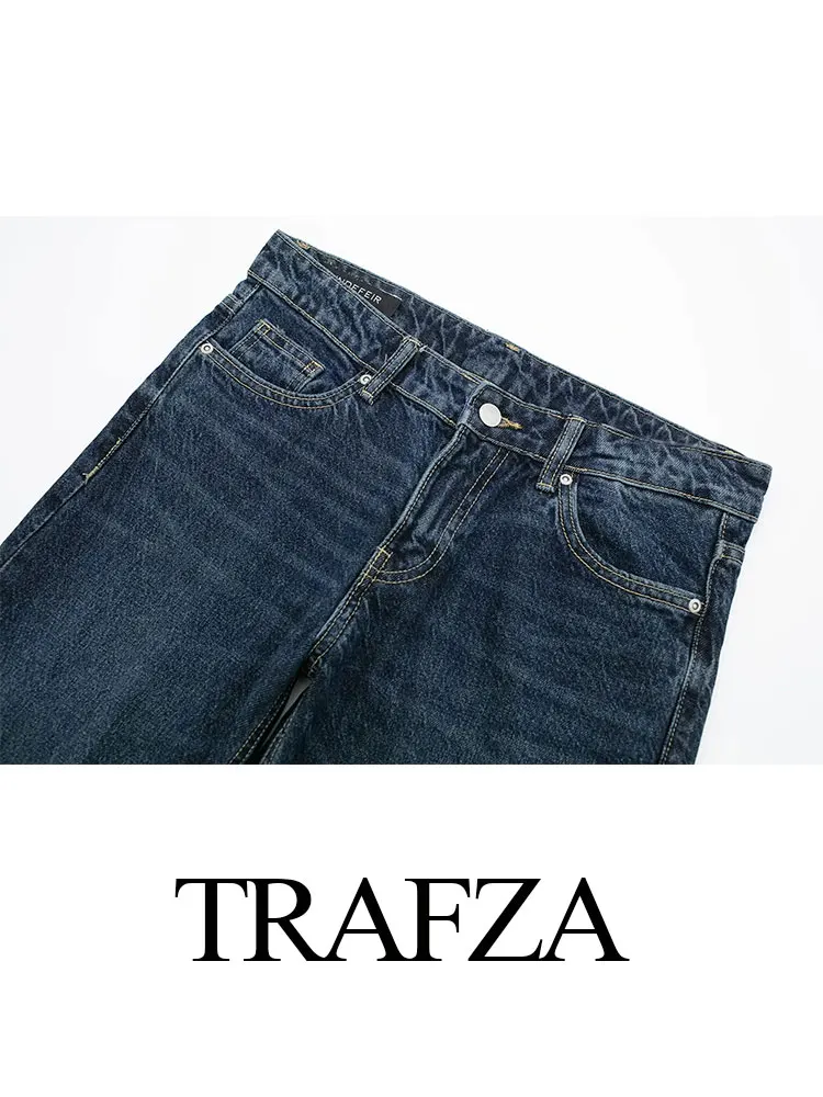 TRAFZA 2024 Autumn Fashion Dark Blue Jeans For Women Denim Solid With Pockets High Waist Street Straight Pants Retro Trousers