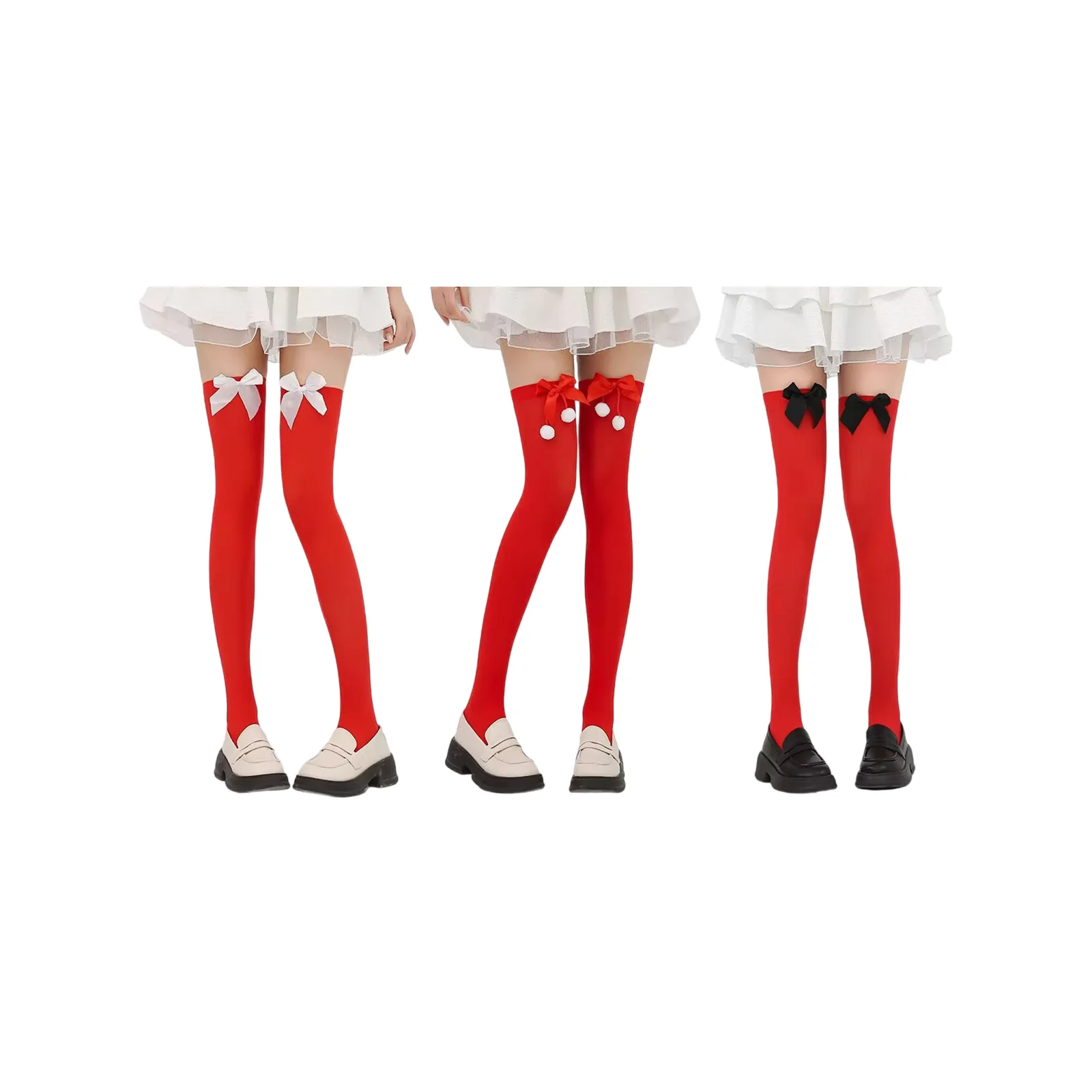 

Bow Christmas stockings long red stocking set (white bow + Christmas ball + black bow 1 pair each)