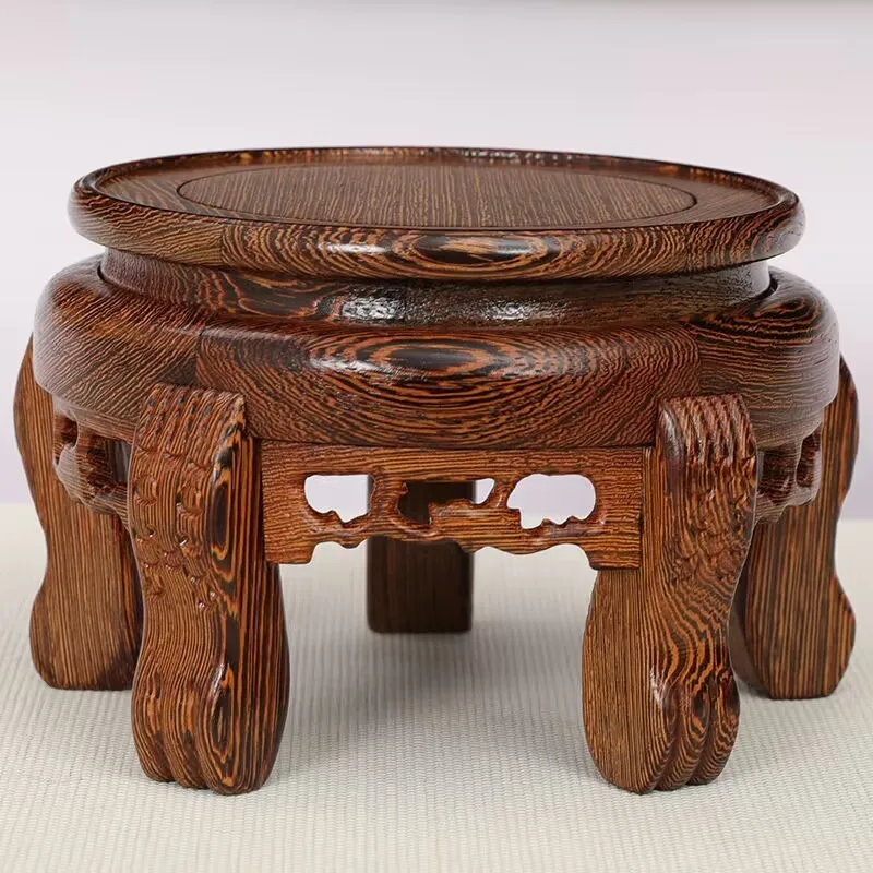 Retro Solid Wooden Display Stand Flower Pot Shelf Teapot Base Carving Craft Nostalgic Home Decor Ornament Top Furniture