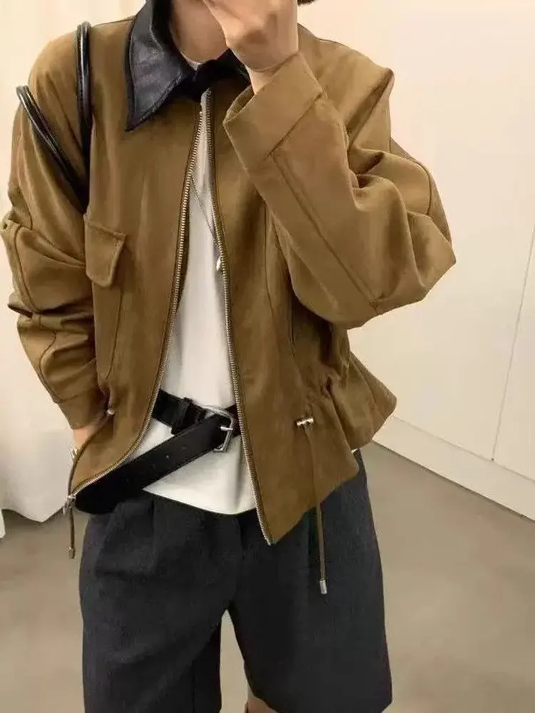 Fashionable Color Block Suede Jacket Women's Spring Autumn Loose Fit Drawstring Waist Casual Style Long Sleeve Zipper Closure