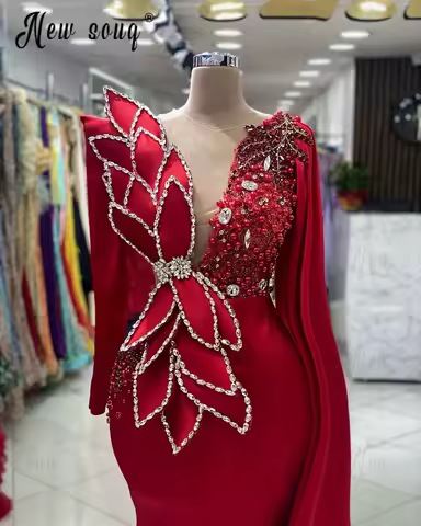 White Satin Evening Dress with Long Cape Sleeve Modern Red Engagement Dress Arabic Orange Wedding Party Dress Customized