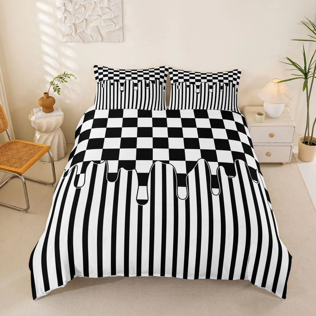 Geometric Checkered Duvet Cover Full Queen Vertical Stripes Comforter Cover Checkerboard Drip Bedding Set Modern Plaid Bed Set
