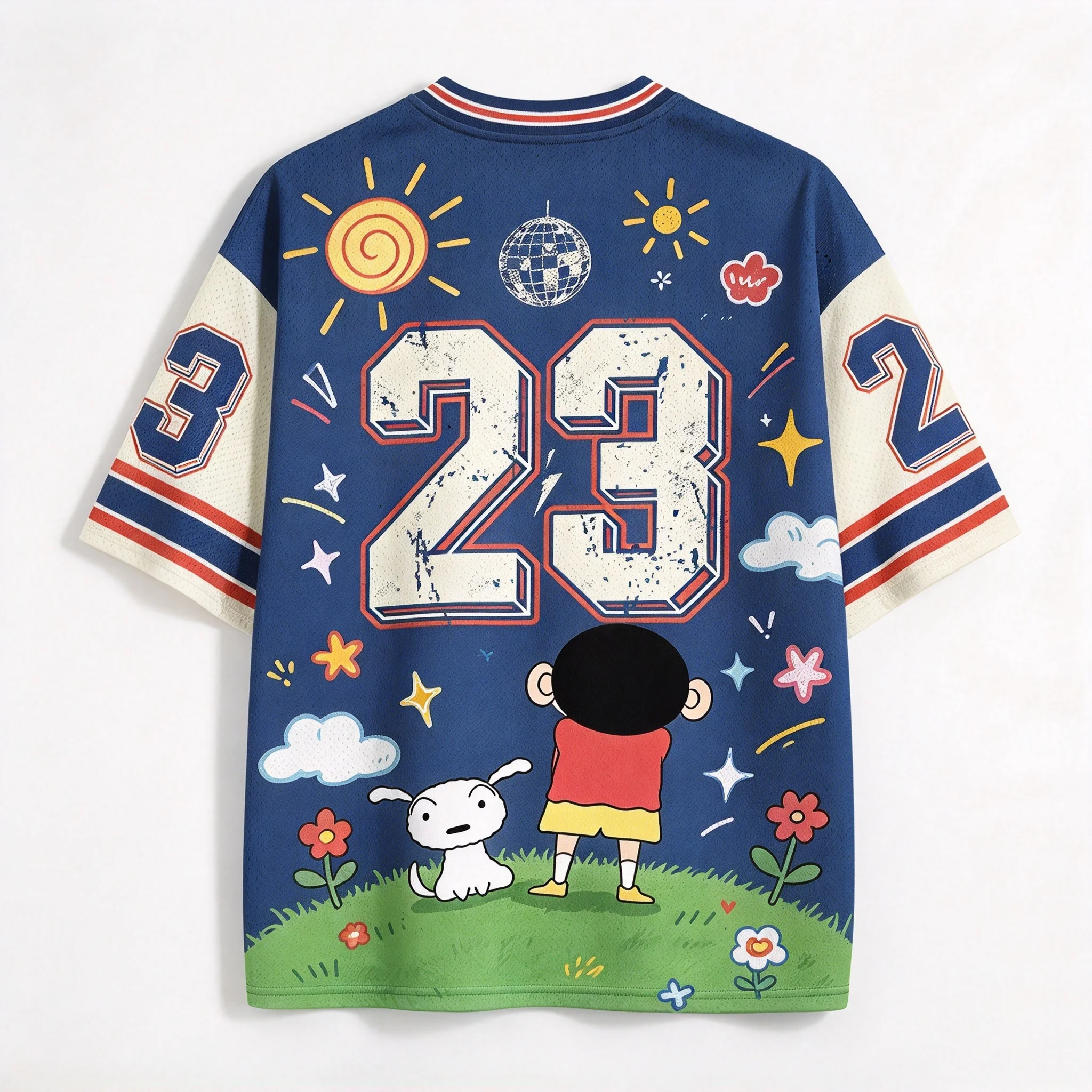 Crayon Shin-chan Blue Football Jersey Men Women V Neck Mesh Short Sleeve Top, Cute Anime Number Flower Print Casual Street Shirt