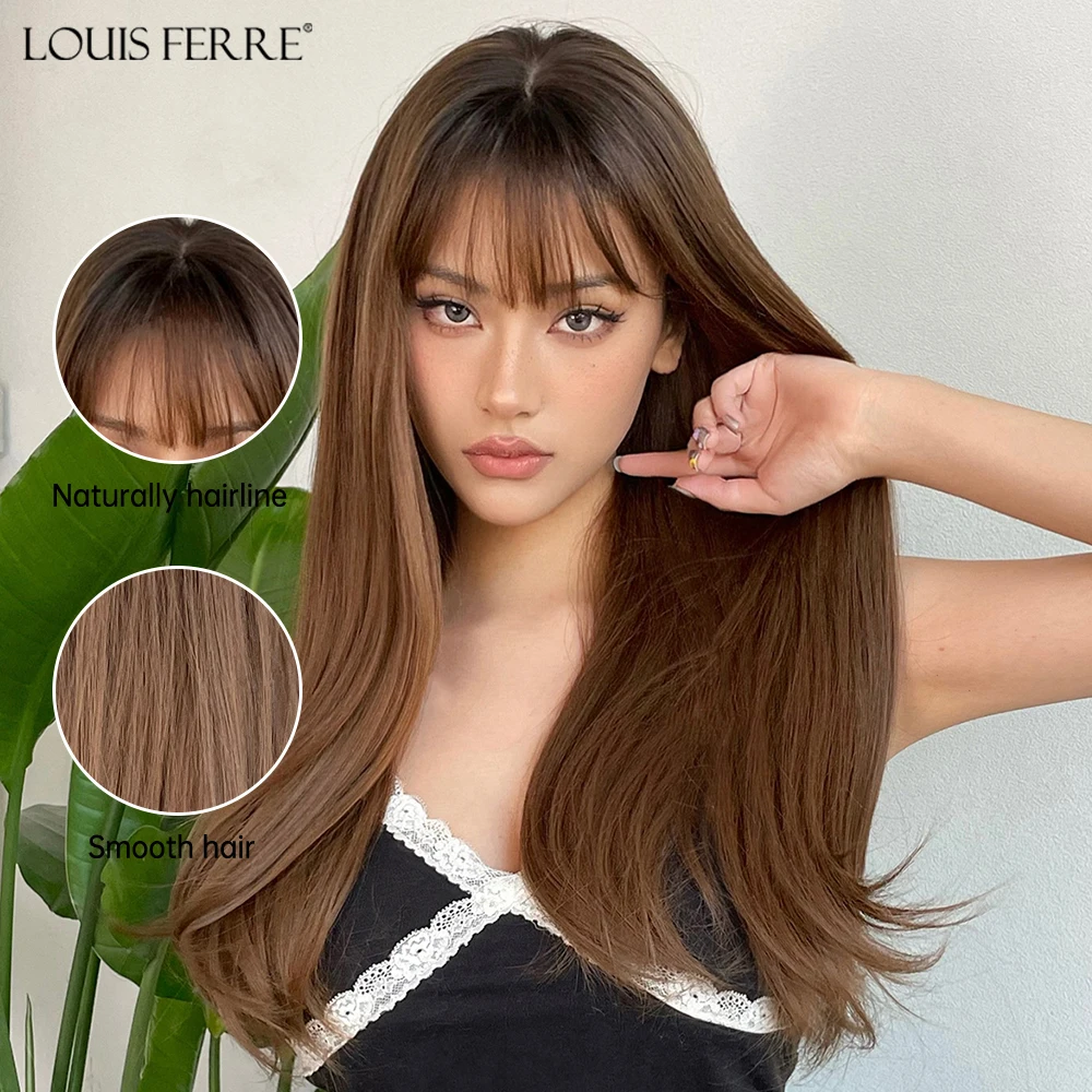 

LOUIS FERRE Synthetic Brown Ombre Wigs for Girls/Women Long Straight Natural Hair With Bangs Party Cosplay High Temperture Wig