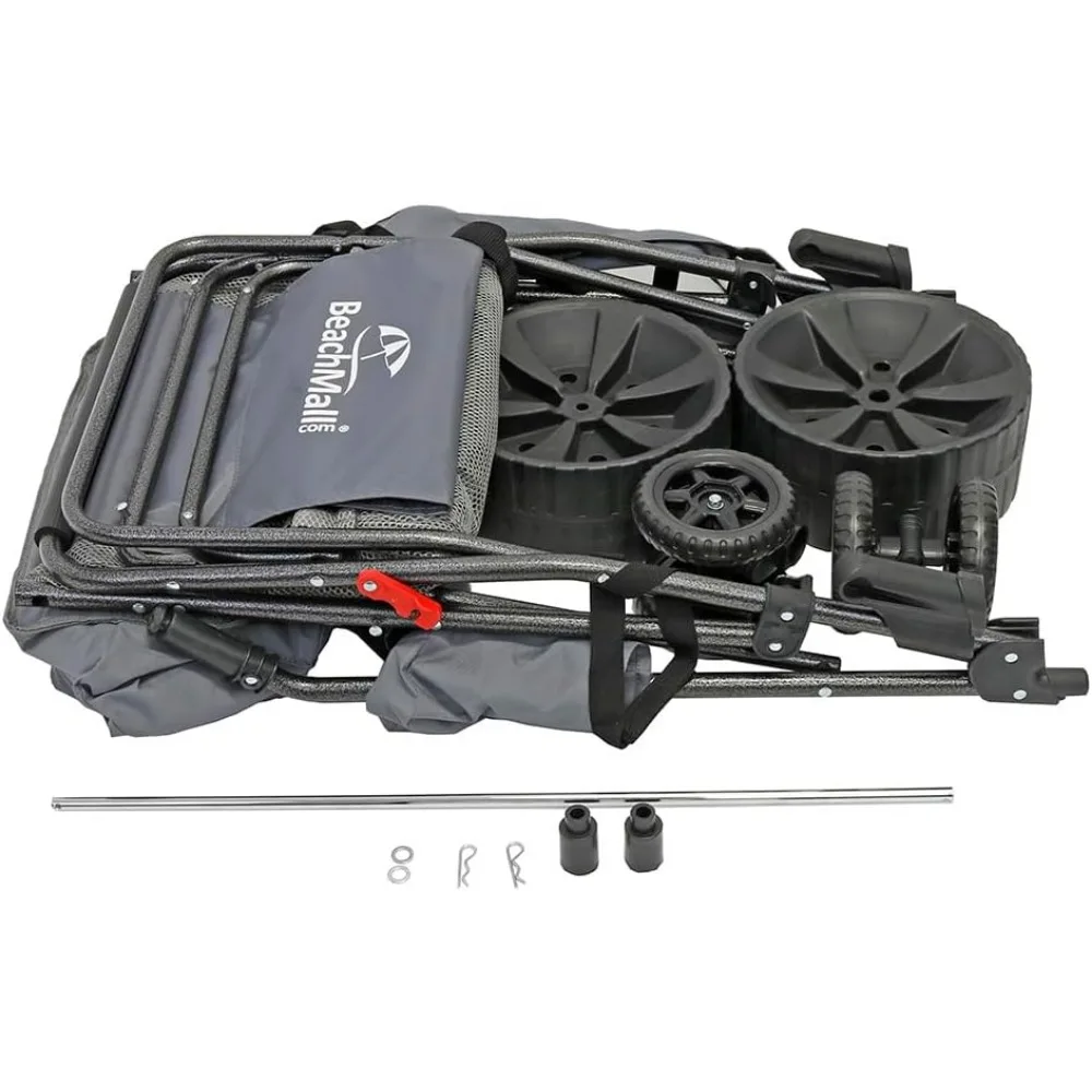 عربة شاطئ بعجلات كبيرة للرمل، عربة ذات عجلات واسعة مع مبرد معزول، لوح الجسم، وحامل المظلة