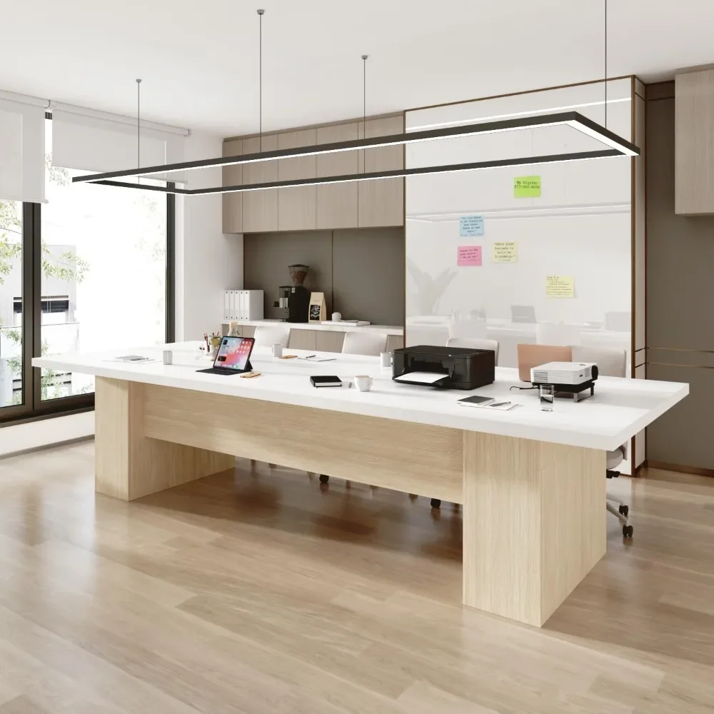 

118.1" W Rectangular Conference Room Table for 10-12 People, Versatile Modern Wood Seminar Meeting Table for Boardroom, White &