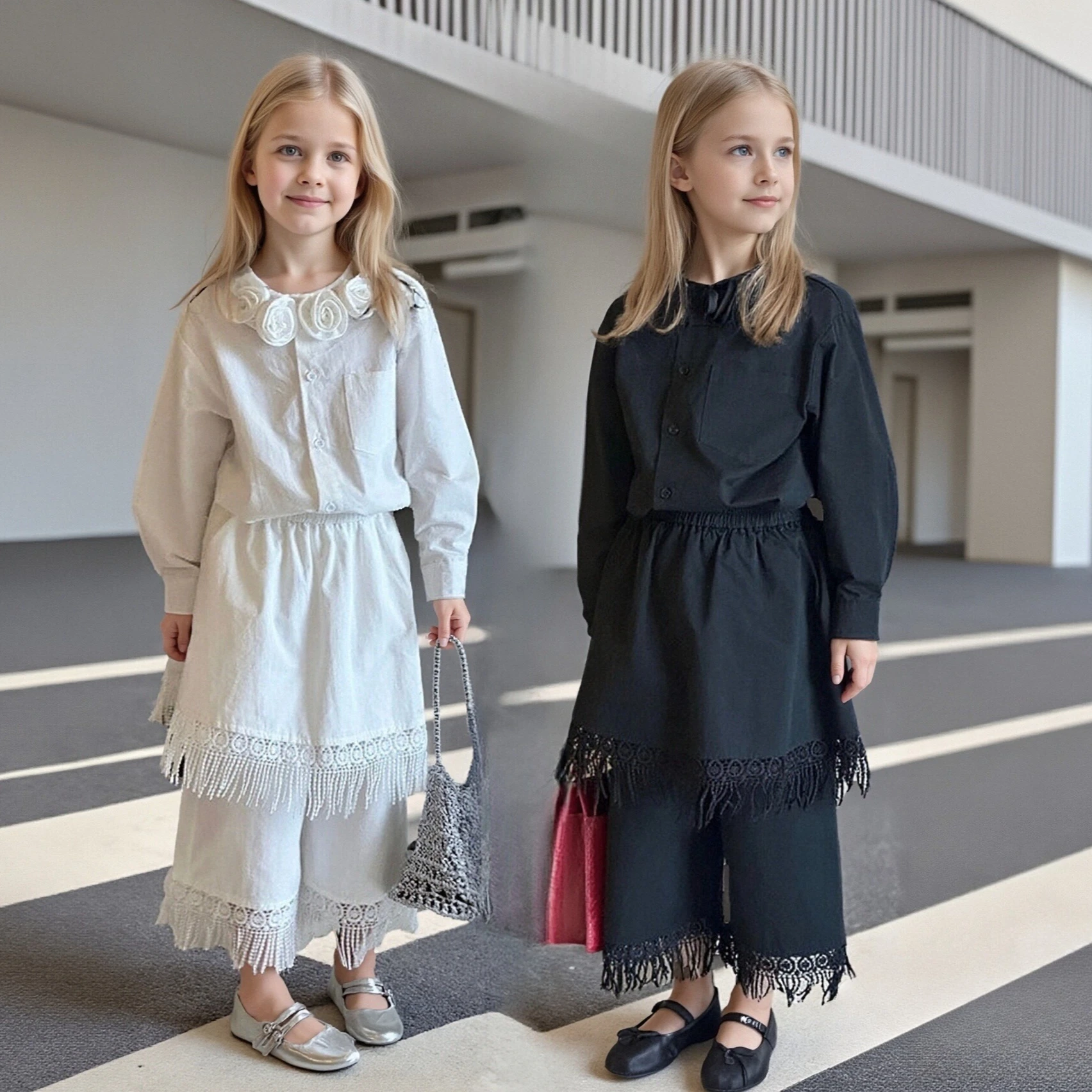 Girls Clothing Retro Vintage Floral Collar Blouse Fringe Hem Culottes Set for Children Spring Bohemian Fashion 2pc Kids Outfits