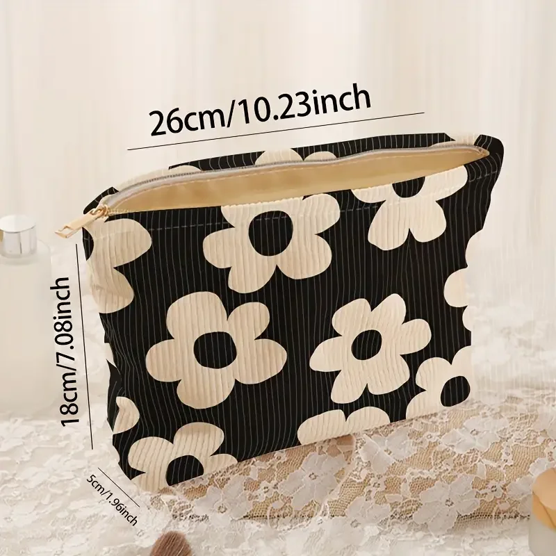 Yellow floral printed corduroy makeup bag, lightweight zipper makeup storage box, multifunctional bag with lining