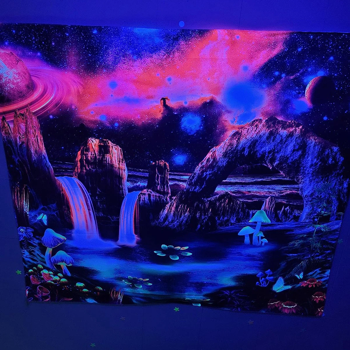 Blacklight Beautiful Starry Sky Planets Tapestry For Bedroom Waterfall Mountain landscape Tapestry Wall Hanging Home Decoration