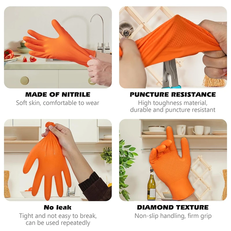 Heavy Duty Orange Nitrile Gloves Disposable 8Mil Safety & Work Gloves with Diamond Textured Grip for Men Gardening Yard Cleaning