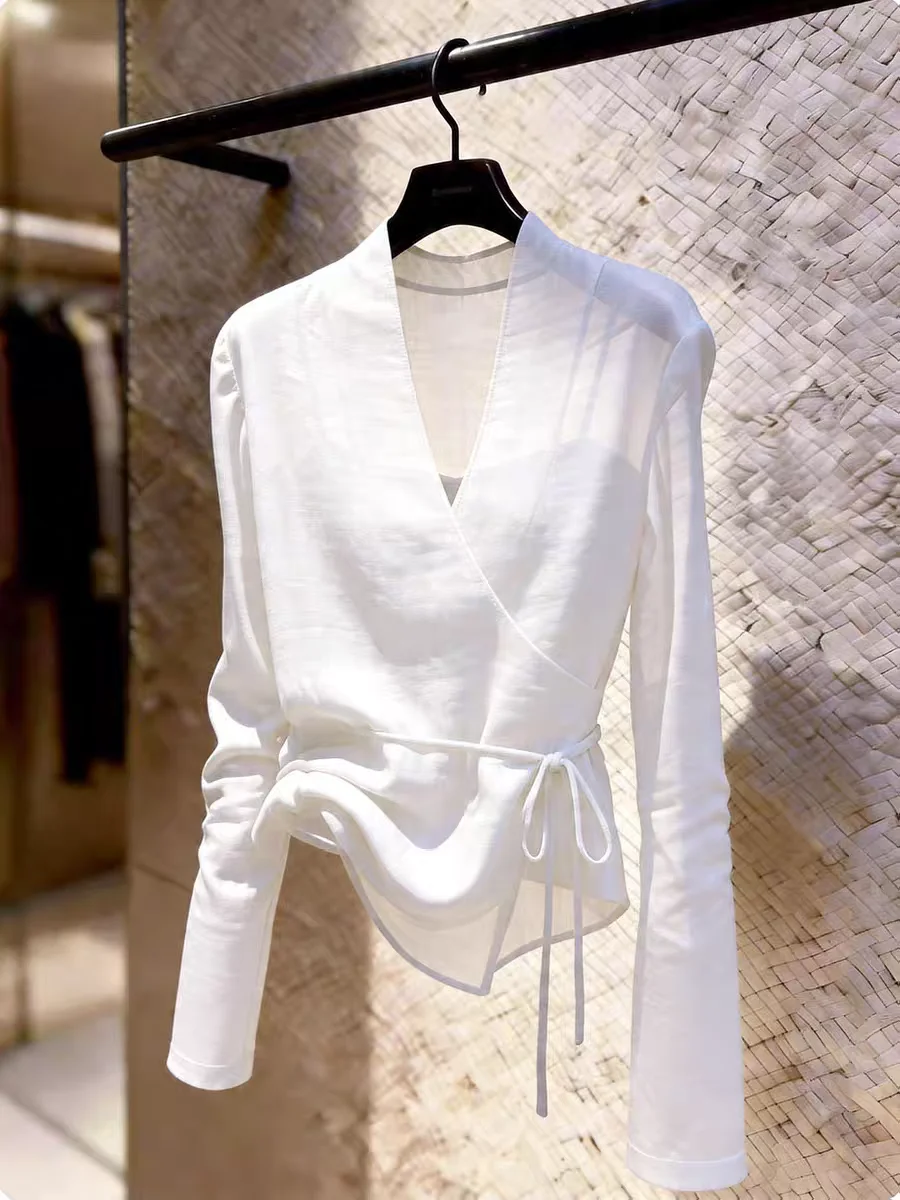 Designer solid color long-sleeve women's new V-neck tie-up sheer chic top