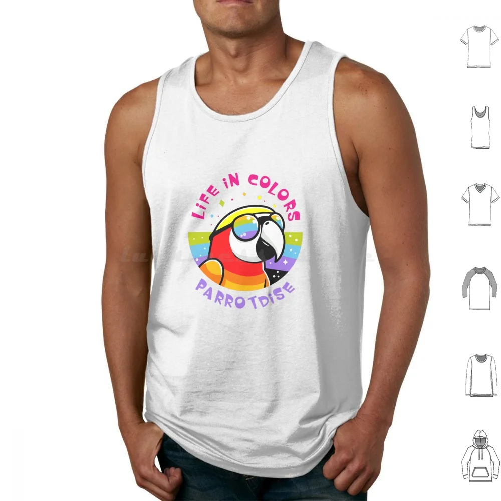 Life In Colors , Parrotdise Tank Tops Vest Sleeveless Bird Amusing Color Spectrum Word Games Sunglasses Playful Sparks