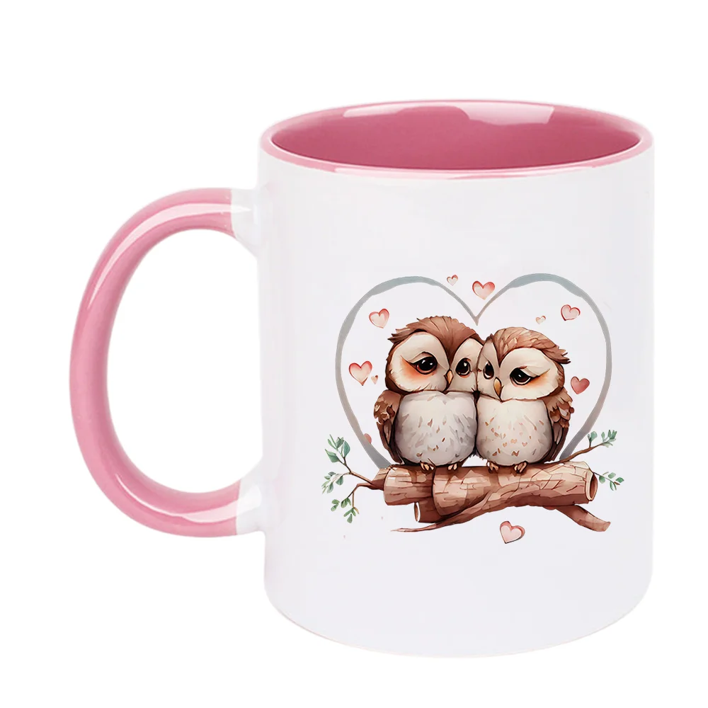 11oz Ceramic Coffee Mug with Cute Owl Couple Heart Pattern Valentine's Day and birthday Holiday Present Home Use Office Drinking