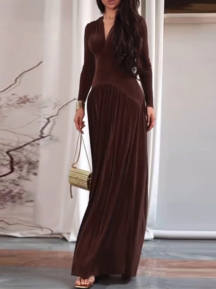 Autumn Maxi Dress For Women Sexy Fashion Solid V Neck Long Sleeve High Waist Slim Elegant Club Party Pleated Velvet Long Dress