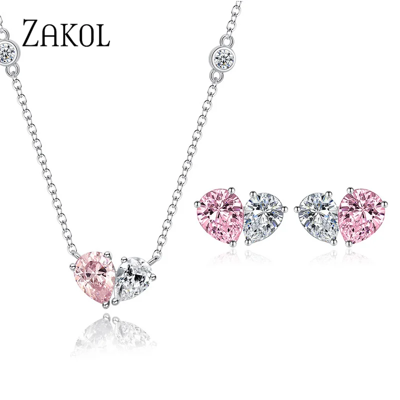 ZAKOL Romantic Zirconia Pink Love Heart Jewelry Sets for Women Trendy Water Drop Earrings Necklace Set Valentine\'s Day Jewelry