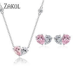 ZAKOL Romantic Zirconia Pink Love Heart Jewelry Sets for Women Trendy Water Drop Earrings Necklace Set Valentine's Day Jewelry