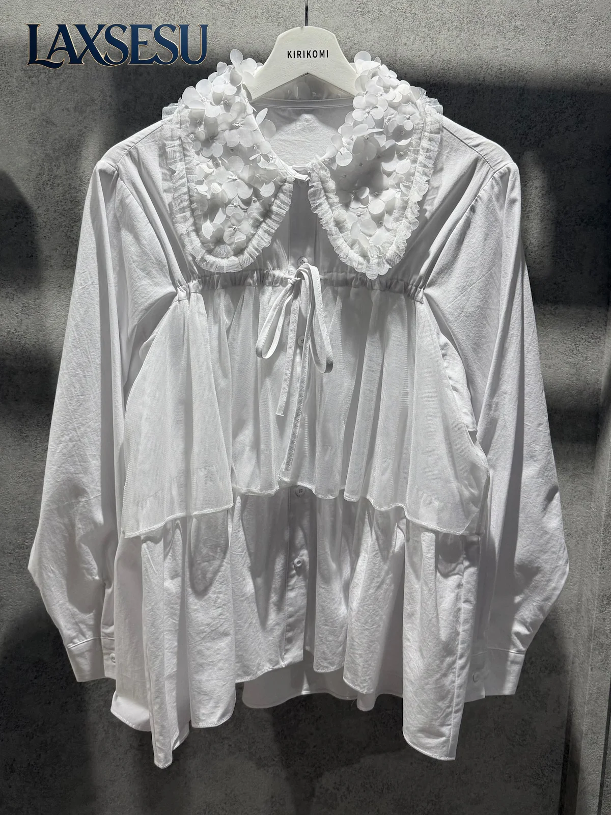 2026 New Autumn Top Layered Long Sleeved Shirt Sweet Women's Clothing  Three-dimensional Flower Mesh Splicing Elegant Blouse