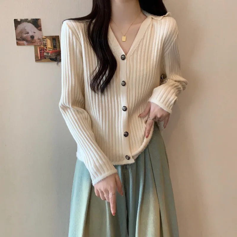 

Autumn Winter new 2023 Korean V-neck Sweater Loose Fit Pregnant Women's Casual Solid Cardigan V-neck Knit Coat Top