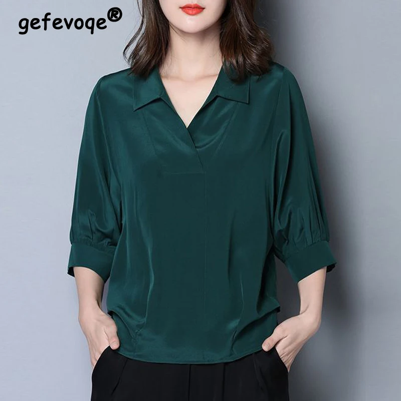 Women Silk Satin Simple Elegant Blouses Summer Korean Fashion V Neck Half Sleeve Casual Shirts Solid Loose Pullover Ladies Tops