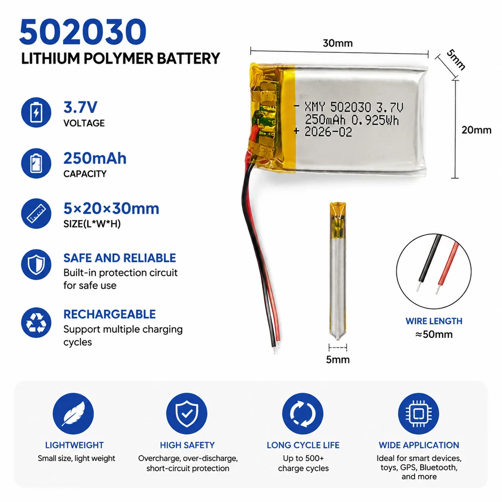 Akumulator litowo-polimerowy 3.7V 502030 250mAh do zabawek, oświetlenia LED, głośników Bluetooth, urządzeń kosmetycznych. — zdjęcie produktu 3