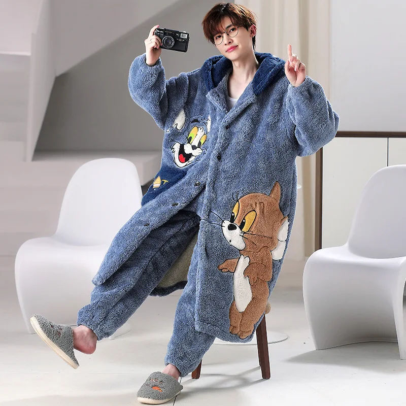 Winter Men\'s Coral Velvet Pajamas Set Thickened Long Sleeve Hooded Bathrobe Cartoon Cute Home Suit Warm Sleepwear Loungewear