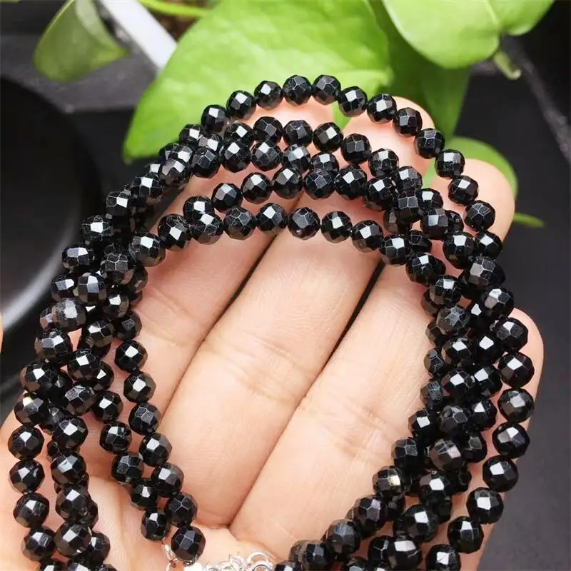 S925 Natural Black Tourmaline Faceted Bracelet Gemstone Round Bead Crystal Healing Gemstone Bracelet Jewelry Gift 1PCS 4.5MM