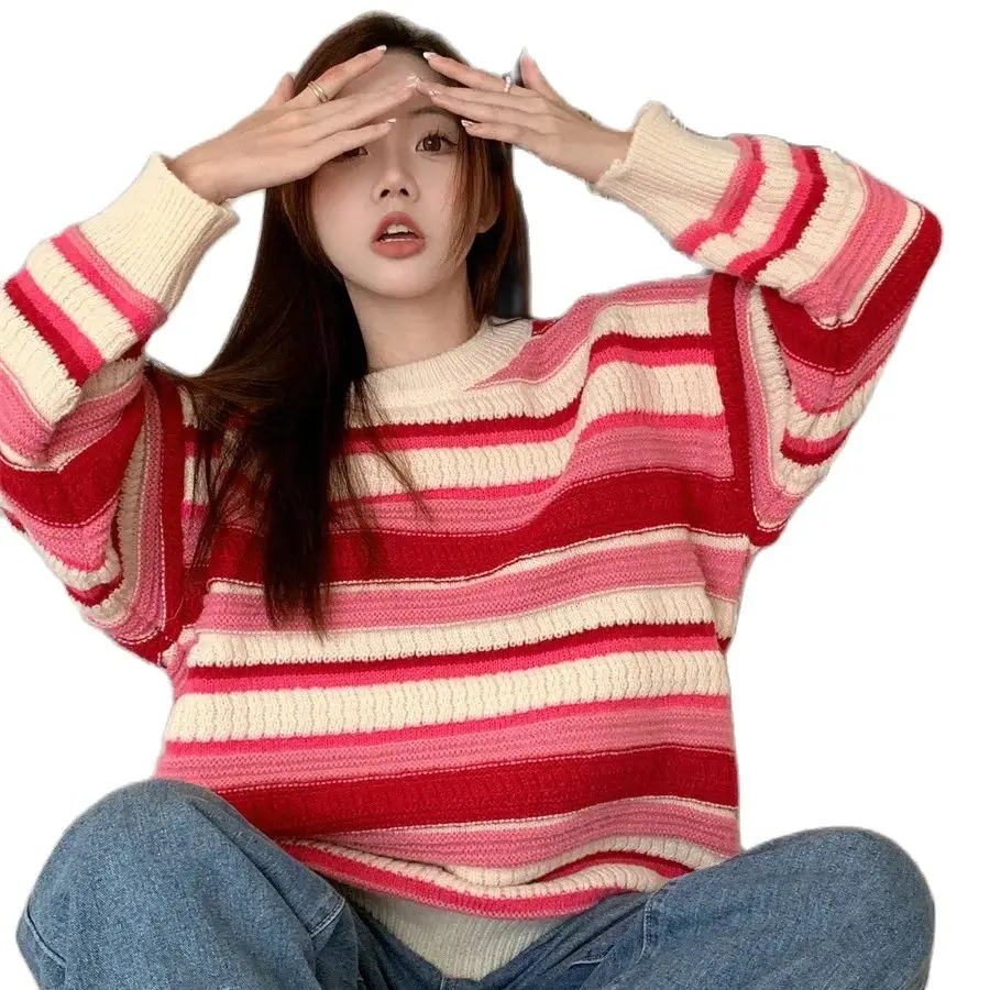 

Pullover Tops Soft Striped Round Neck Color Pink Blue Cropped Sweater Women Vintage Oversize Knit Jumper Female Long Sleeve