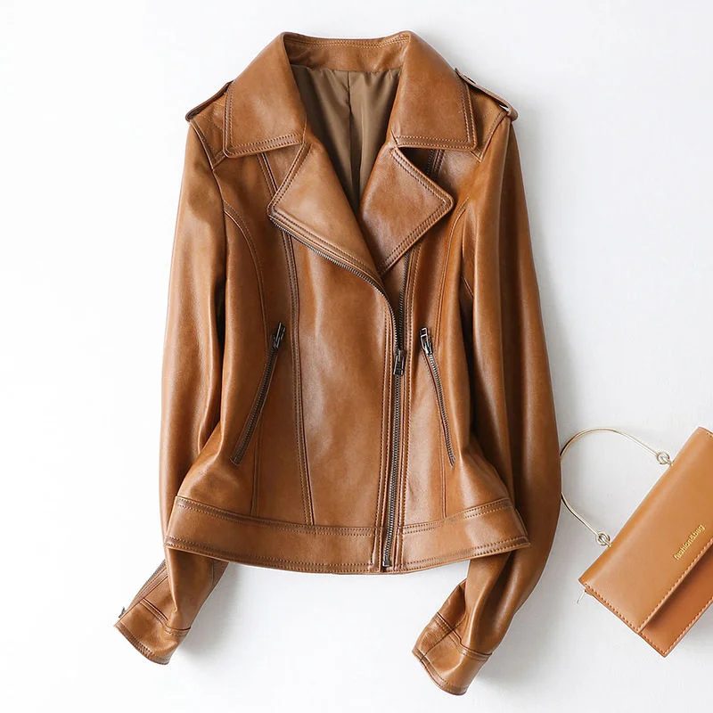 

2023 New Genuine Leather Jackets Women Spring Autumn Motorcycle Female Jacket Real Sheepskin Coat Jaqueta Couro Femini