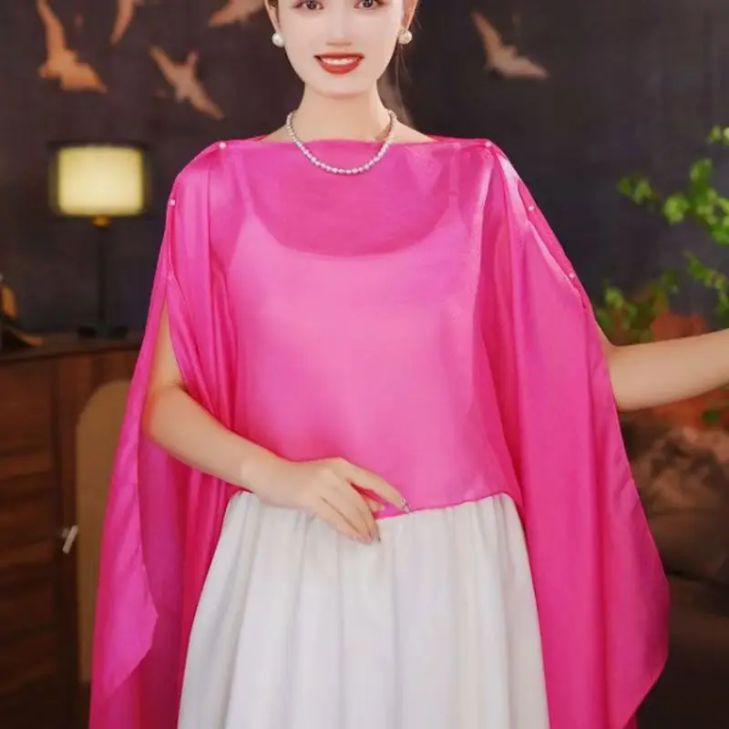 

Summer Beaded Chiffon Cardigan Women Sunscreen Clothing Shawl Casual Loose Solid See Through Transparent Blouse Shirt Coats