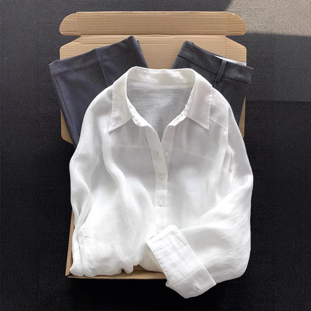

Retro Fashion Style Long Sleeve Solid Shirt Women Summer Lightweight Loose Turn-down Collar Commute Women Clothing