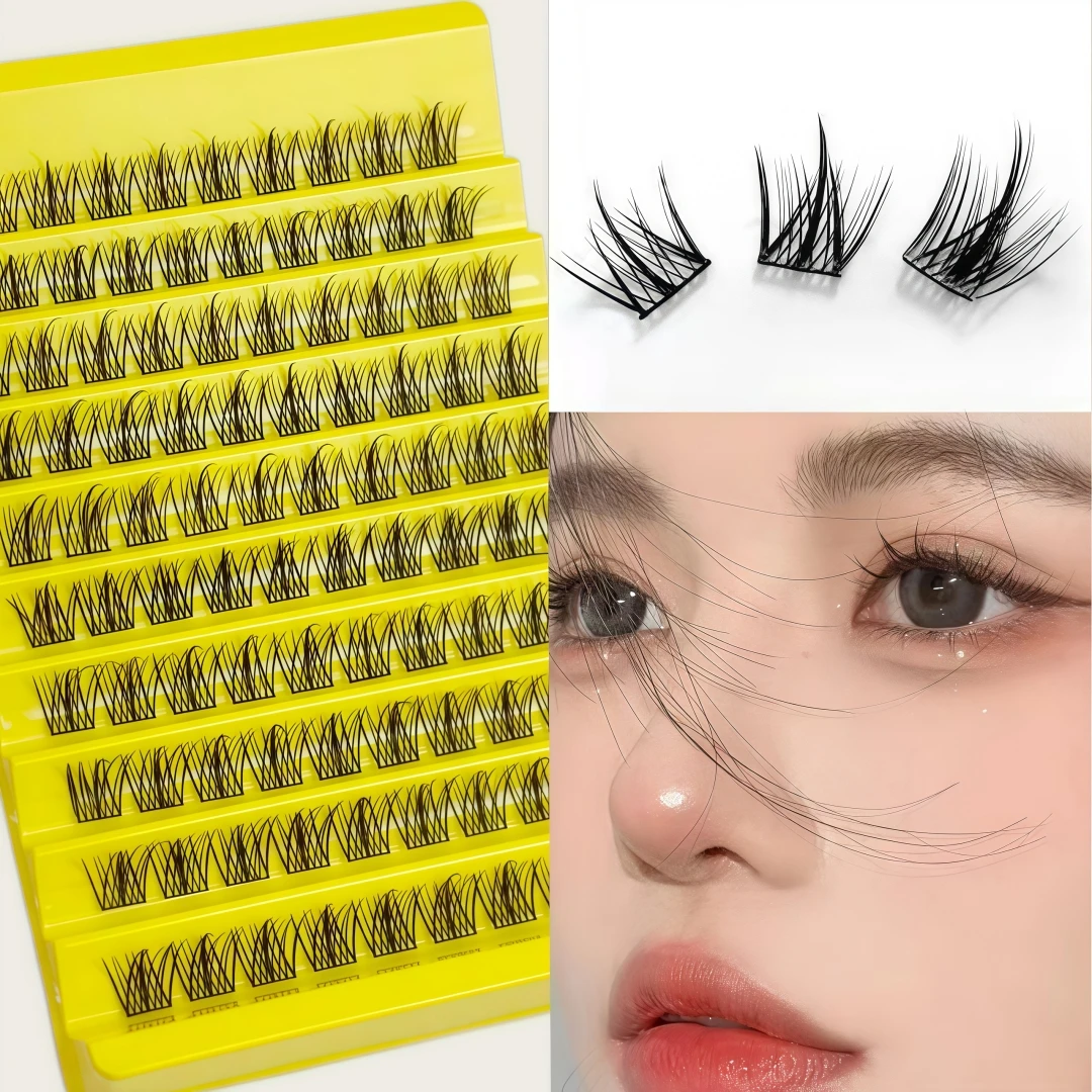 Lazy-Friendly 3-Cluster False Eyelashes, 10-Row Large Capacity Pack, Beginner-Friendly Ultra-Thin Stem Little Devil Manga False
