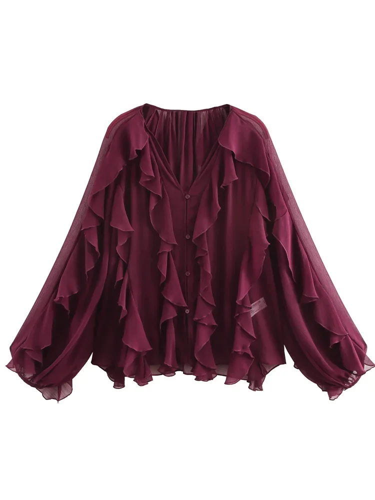 Ruffled V-Neck Fashion Shirts Top Women's Patchwork Tee Bow Lace-Up High Waist Blouse Elegant Autumn 2025 Female Shirts