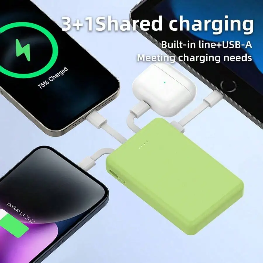 

5000mAh lightweight power bank with Type-C, USB-A ports and 3 built-in cables. Compact body, perfect for phones and earbuds, ideal for summer outdoor use.