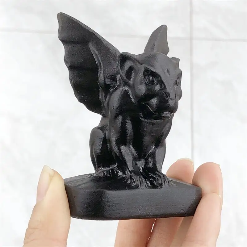 7.5cm Natural Black Obsidian Gargoyle Crystal Carving Reiki Healing Stone Home Ornaments Decoration Holiday Gift 1pcs