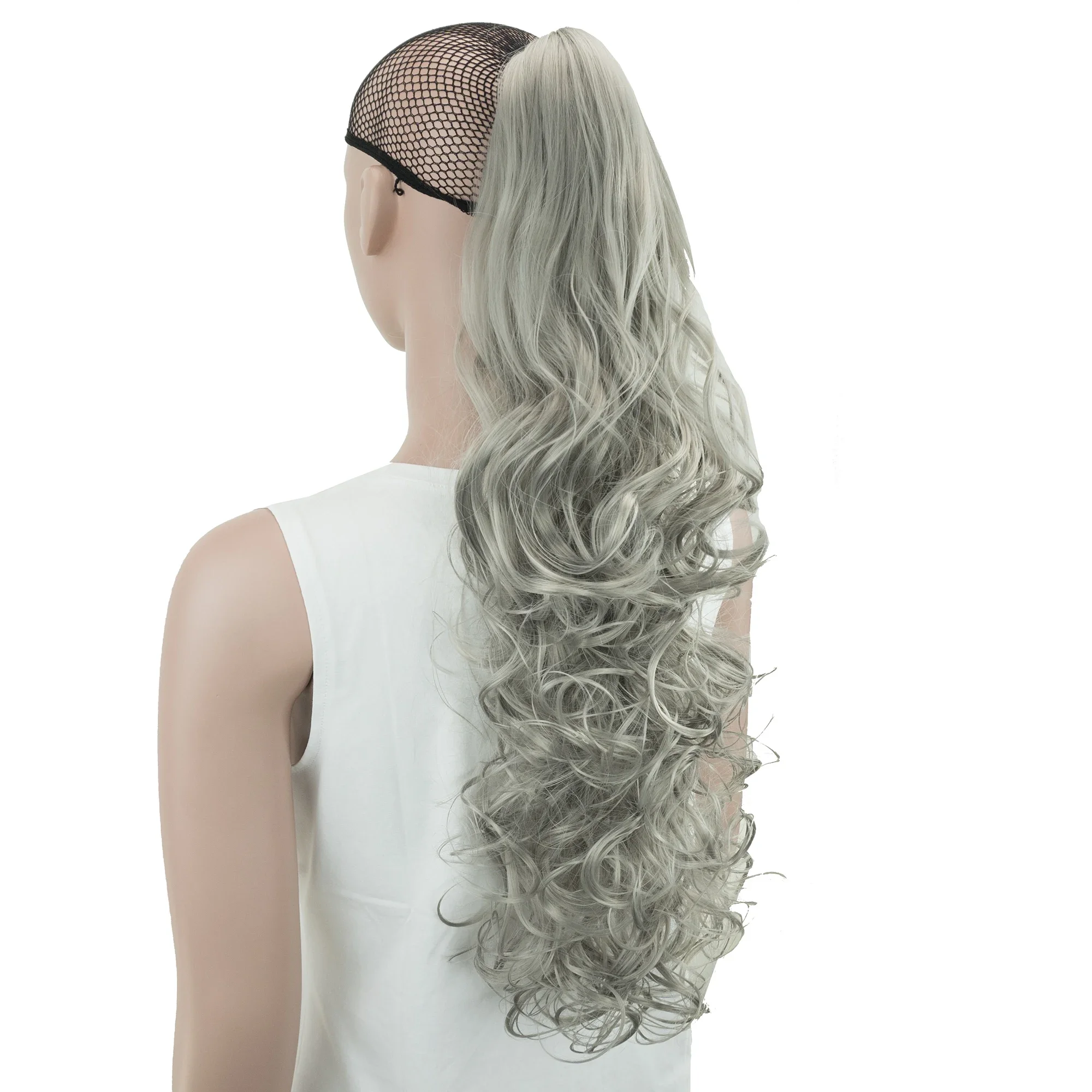 Soowee 24inch Long Gray Wavy Clip on Hairpiece Extensions Pony Tail High Temperature Fiber Synthetic Hair Claw Ponytails