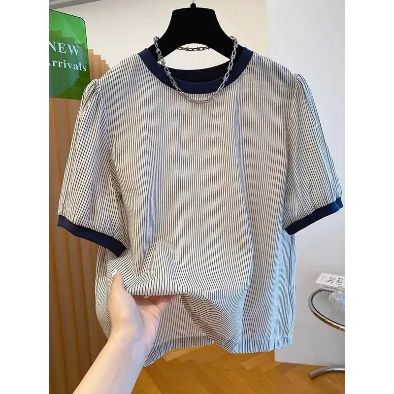 

Футболка свободного кроя в полоску с объемными рукавами, очень большой размер, летняя, дышащая, молодежная, повседневная, базовый слой