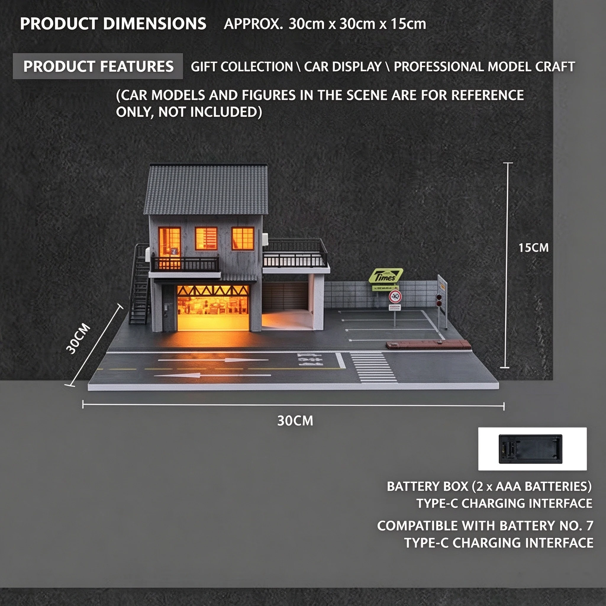 1/64 LED Light up Car Garage Diorama Model Kit with Parking Lot City Backdrop DIY Display Set for Toy Car Enthusiasts