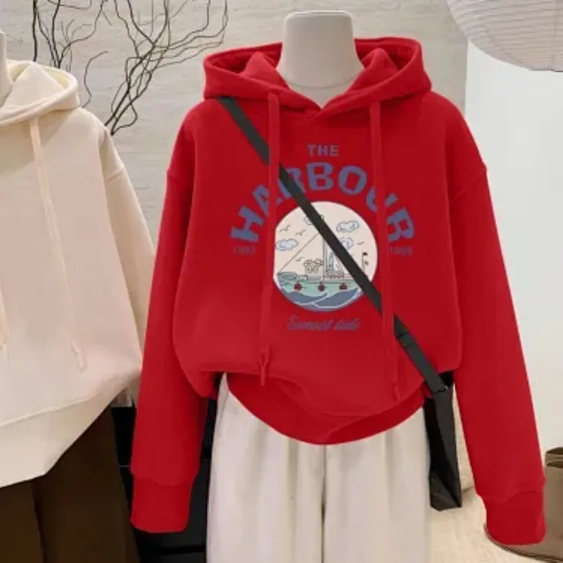 Women's Korean Style Autumn Winter Fleece Thickened Hoodie Loose Short Pullover Vintage Harbour Graphic Casual Outerwear