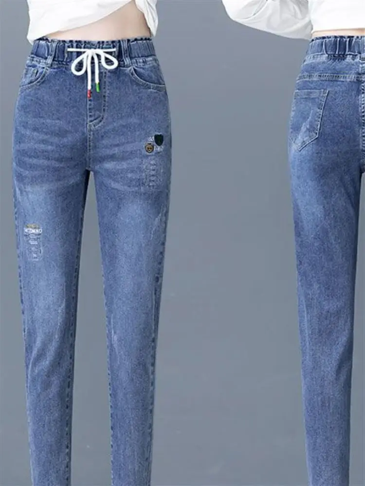 Faionable High-Waist Women's Stretchy Straight-Leg Jeans Dad Pants Spring Autumn New Sle Slimming Harlan Trousers