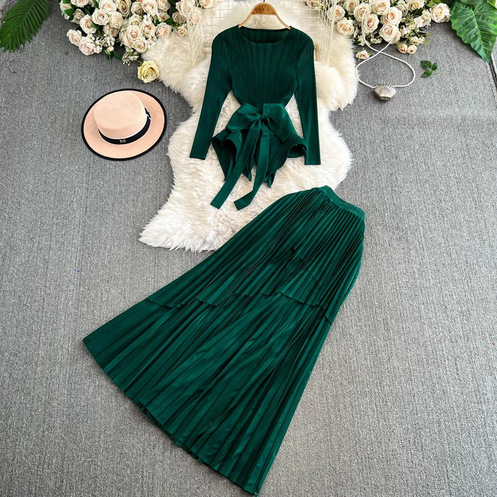 Elegant Long Sleeve Vintage O-neck Chic Bandage Slim Top High Waist Pleated Skirt Fashion Evening High Street Autumn Winter Sets