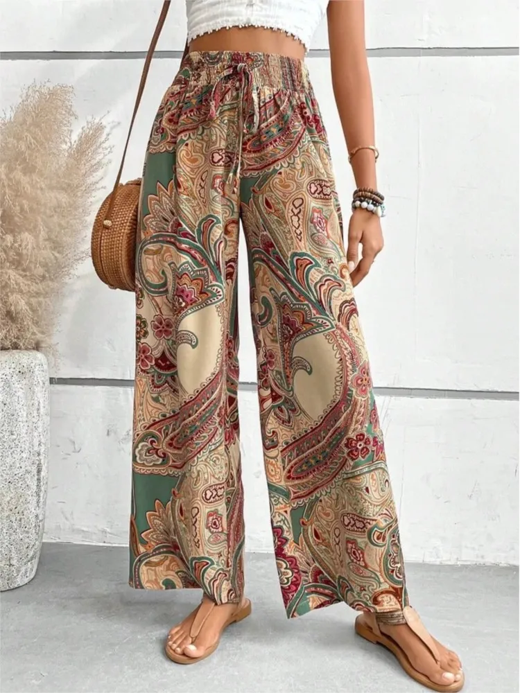 

2023 Boho Beach Casual Vacation Pant Summer Vintage Print Wide Leg Pants Women Drawstring Elastic Waist Loose Long Trousers