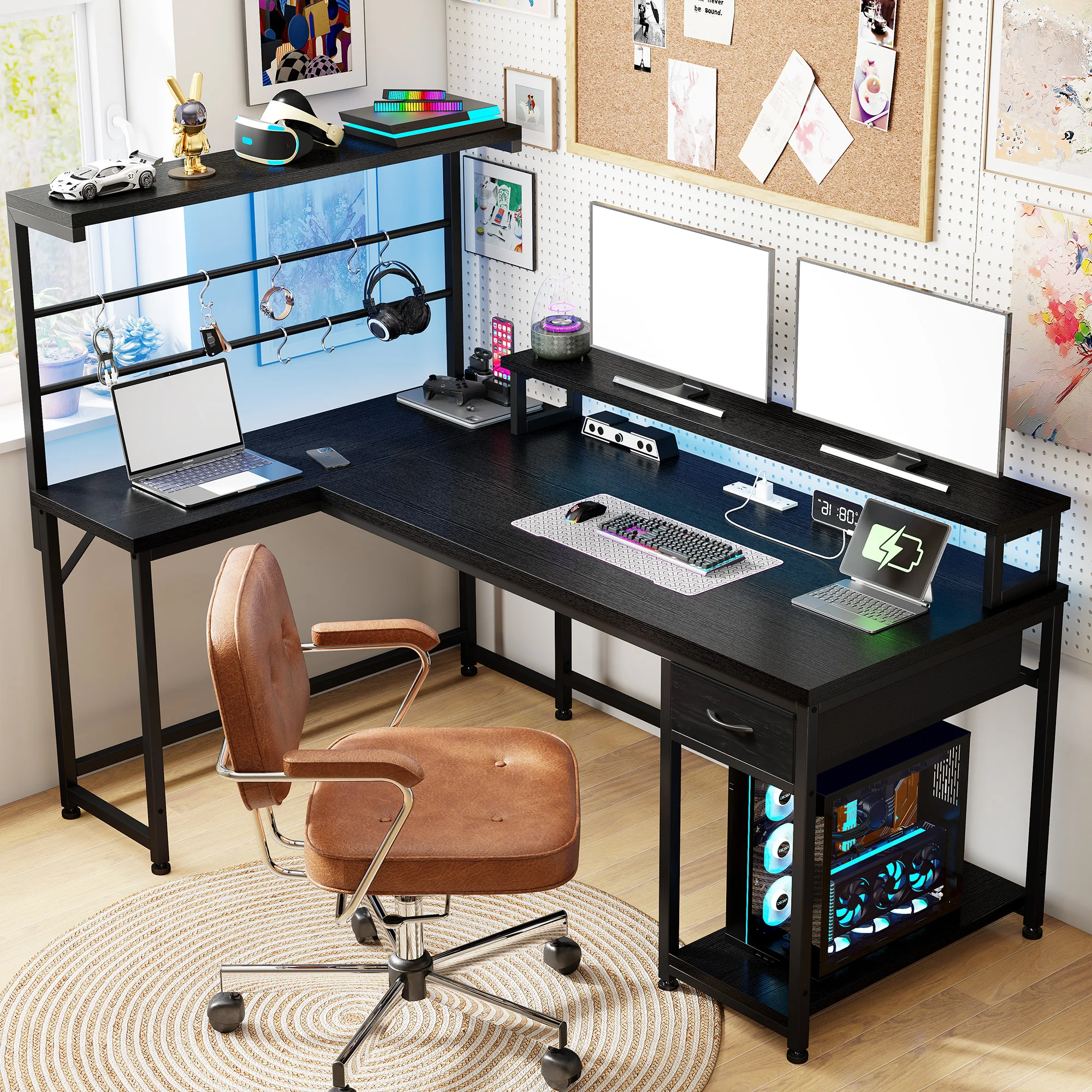 EnHomee 53 Inch L Shaped Gaming Desk with LED Lights & Power Outlets, Reversible Corner Computer Desk with Monitor Stand, Hutch & Drawers, Home Office Writing Study Desk