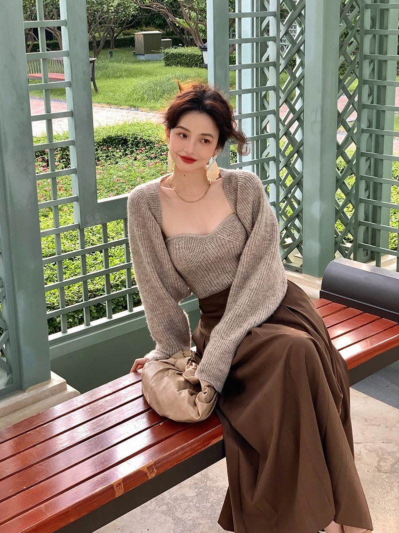 

High Waist A-Line Midi Skirt Women's Retro Hong Kong Sle Pleated Slimming Drapey Belted f-length Polyester Fiber Skirt