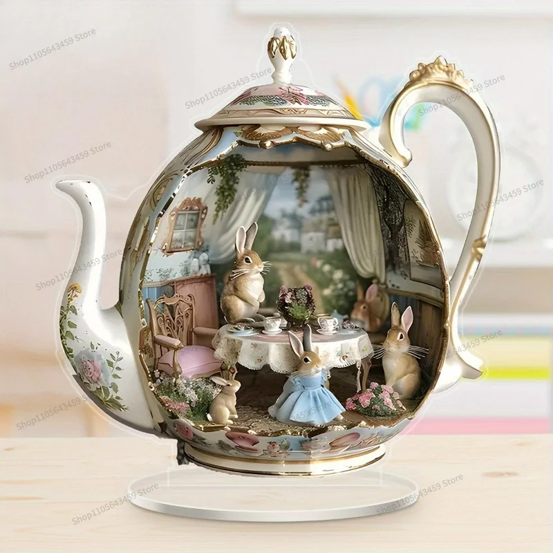 For Easter Bunny Teapot Scene Acrylic Tabletop Decoration 2D House Party Holiday Dress Up Ornament