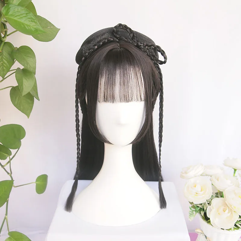 Vintage Wig Chinese Ancient Style Wig Ornament Hanfu Hair Braids of Hair Air Bangs Chinese Qin Han Dynasty Traditional Hairstyle