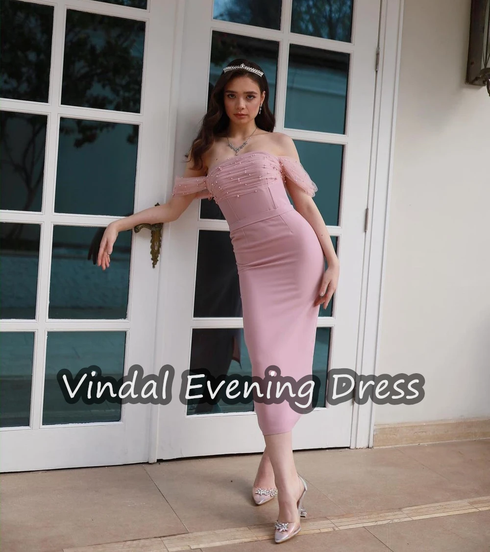 Vindal  V-neck  Evening Dresses Ruffle Tea Length ChiffonStrapless Elegant Built-in Bra Saudi Arabia Long Sleeves For Woman 2024