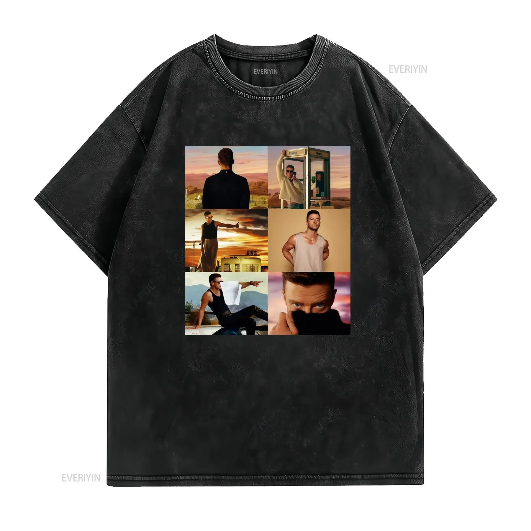 Vintage Pop Singer Justin Timberlake Collage Print Casual T Shirt vintage Washed homme Stretched graphic Breathable