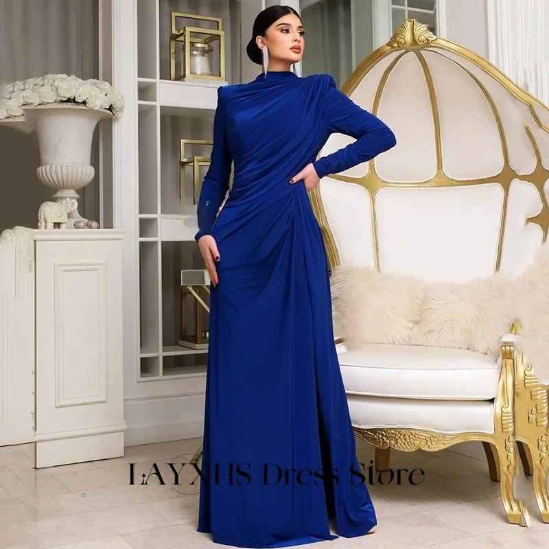 LAYXHS Vestidos de noite elegantes azul marinho, gola redonda, mangas compridas, costas nuas, flores 3D, linha A, vestidos formais de baile personalizados